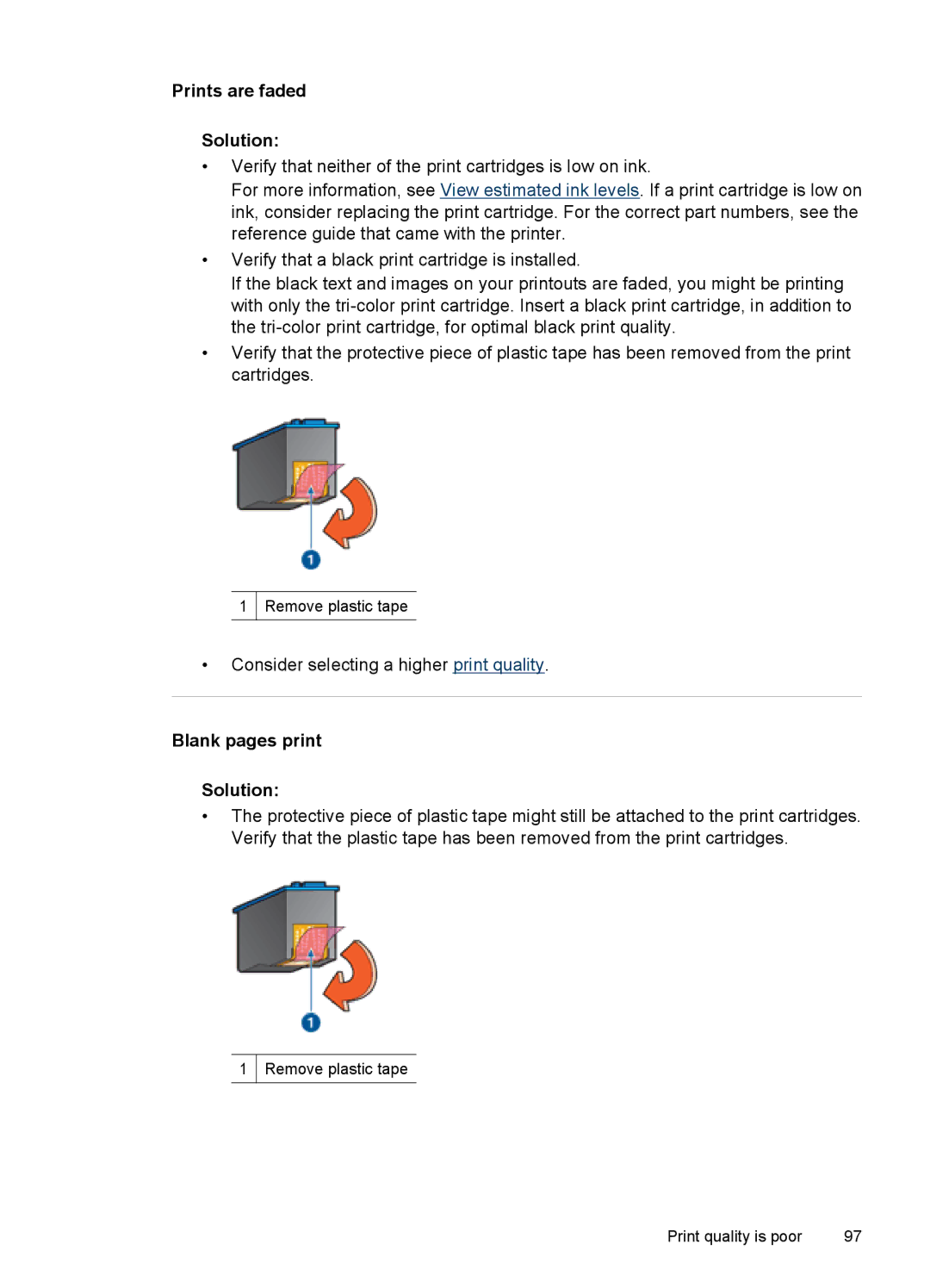 HP D4200 manual Prints are faded Solution, Blank pages print Solution 