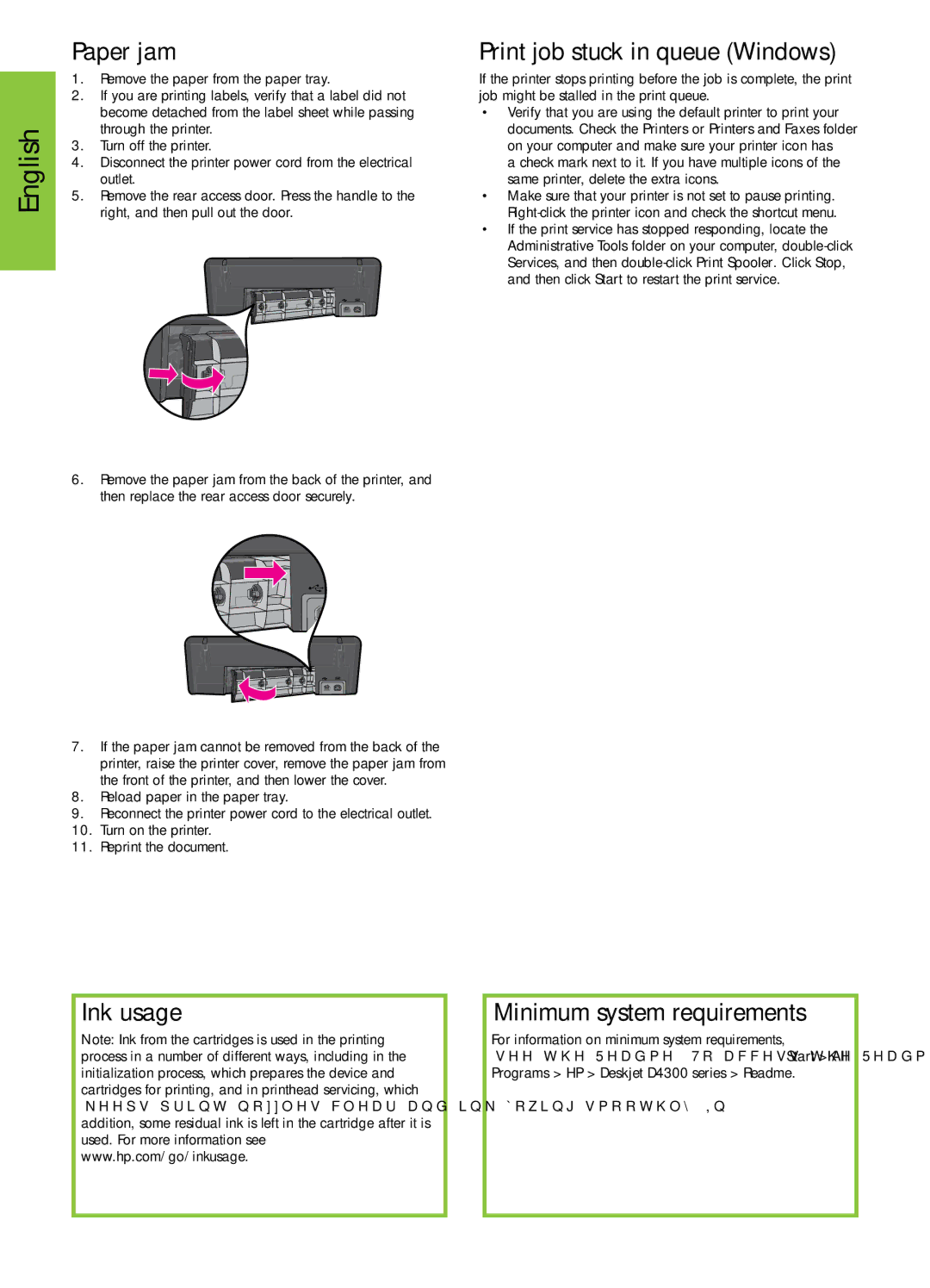HP D4300 manual English, Paper jam, Print job stuck in queue Windows, Ink usage Minimum system requirements 