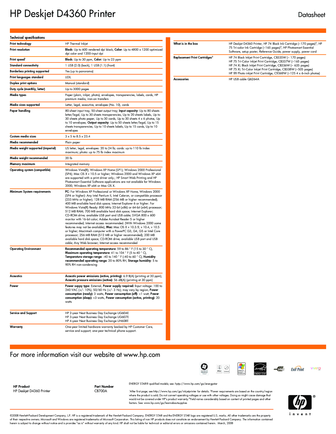 HP manual Datasheet, Technical specifications, HP Product Part Number HP Deskjet D4360 Printer CB700A, Lidil 