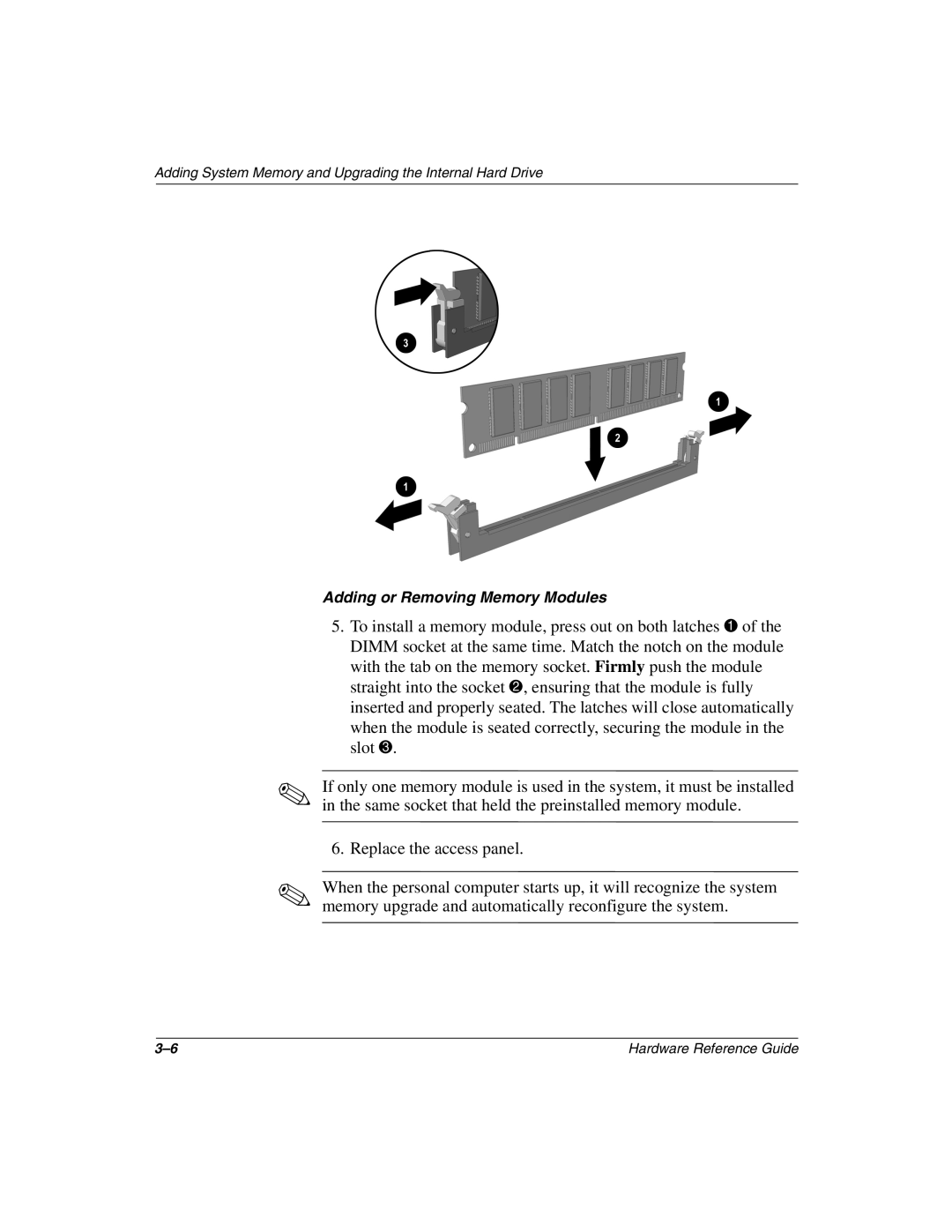 HP D500 manual Adding or Removing Memory Modules 