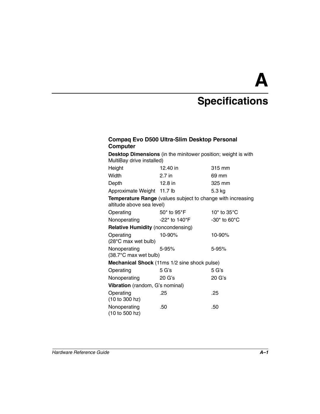 HP manual Specifications, Compaq Evo D500 Ultra-Slim Desktop Personal Computer 