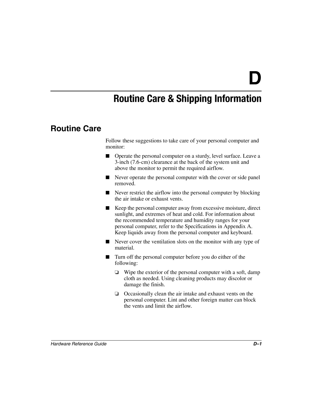 HP D500 manual Routine Care & Shipping Information 