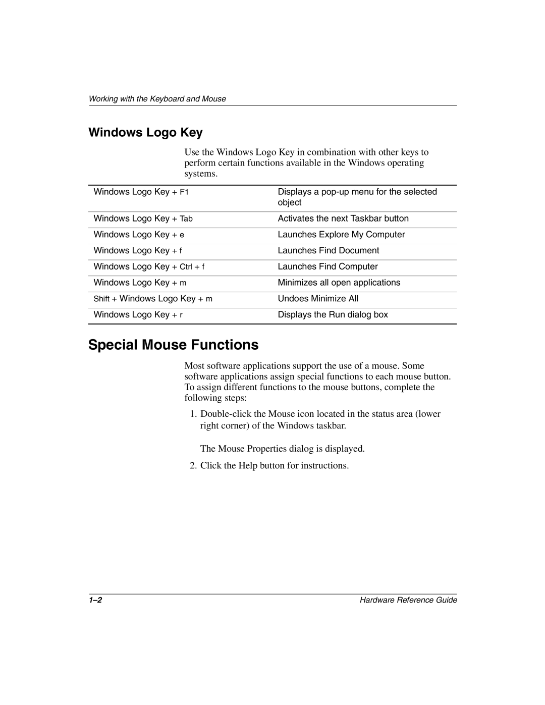 HP D500 manual Special Mouse Functions, Windows Logo Key 