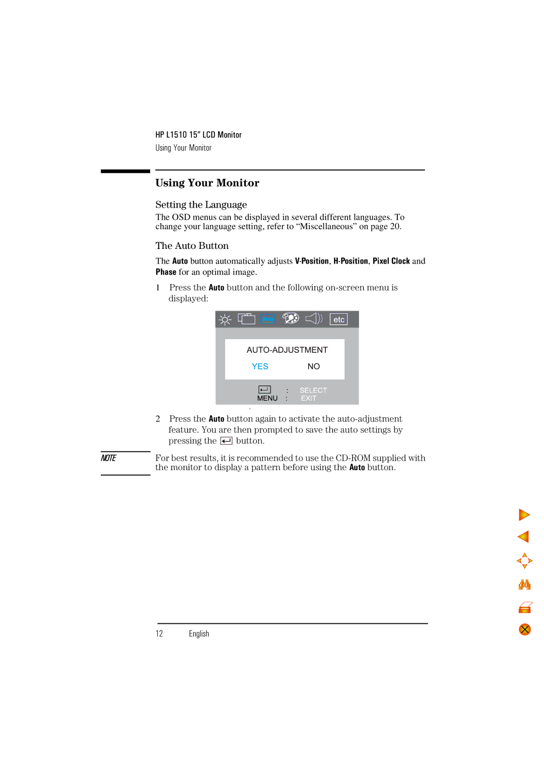 HP D5062 manual Using Your Monitor, Setting the Language, Auto Button 