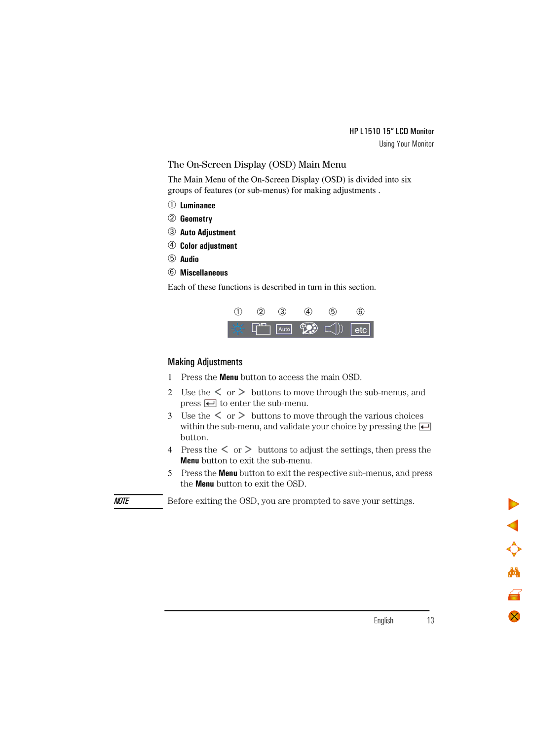 HP D5062 manual Making Adjustments, On-Screen Display OSD Main Menu 