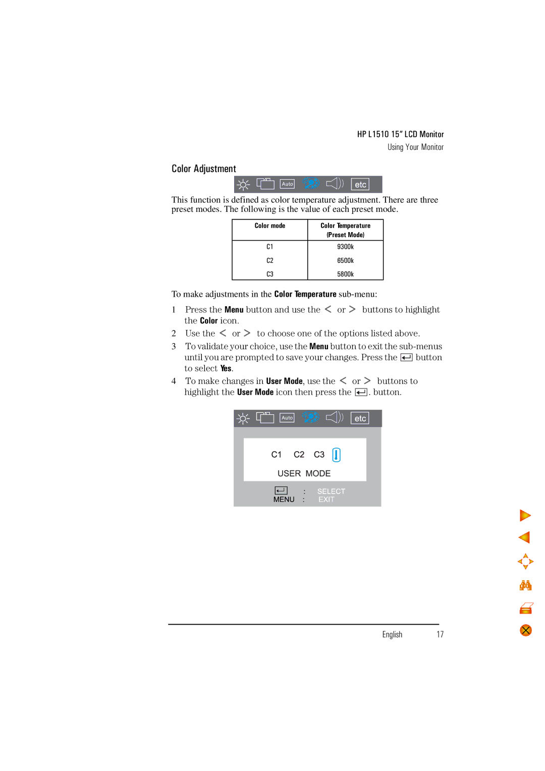 HP D5062 manual Color Adjustment, To make adjustments in the Color Temperature sub-menu 