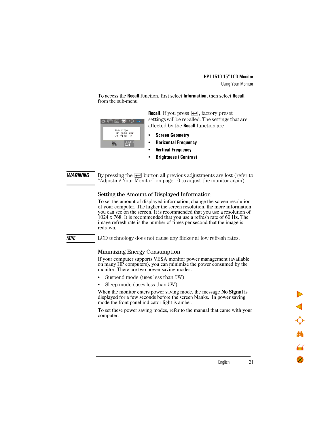 HP D5062 manual Setting the Amount of Displayed Information, Minimizing Energy Consumption 