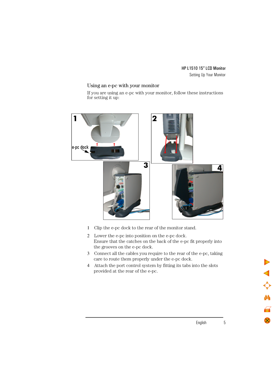 HP D5062 manual Using an e-pc with your monitor, Pc dock 