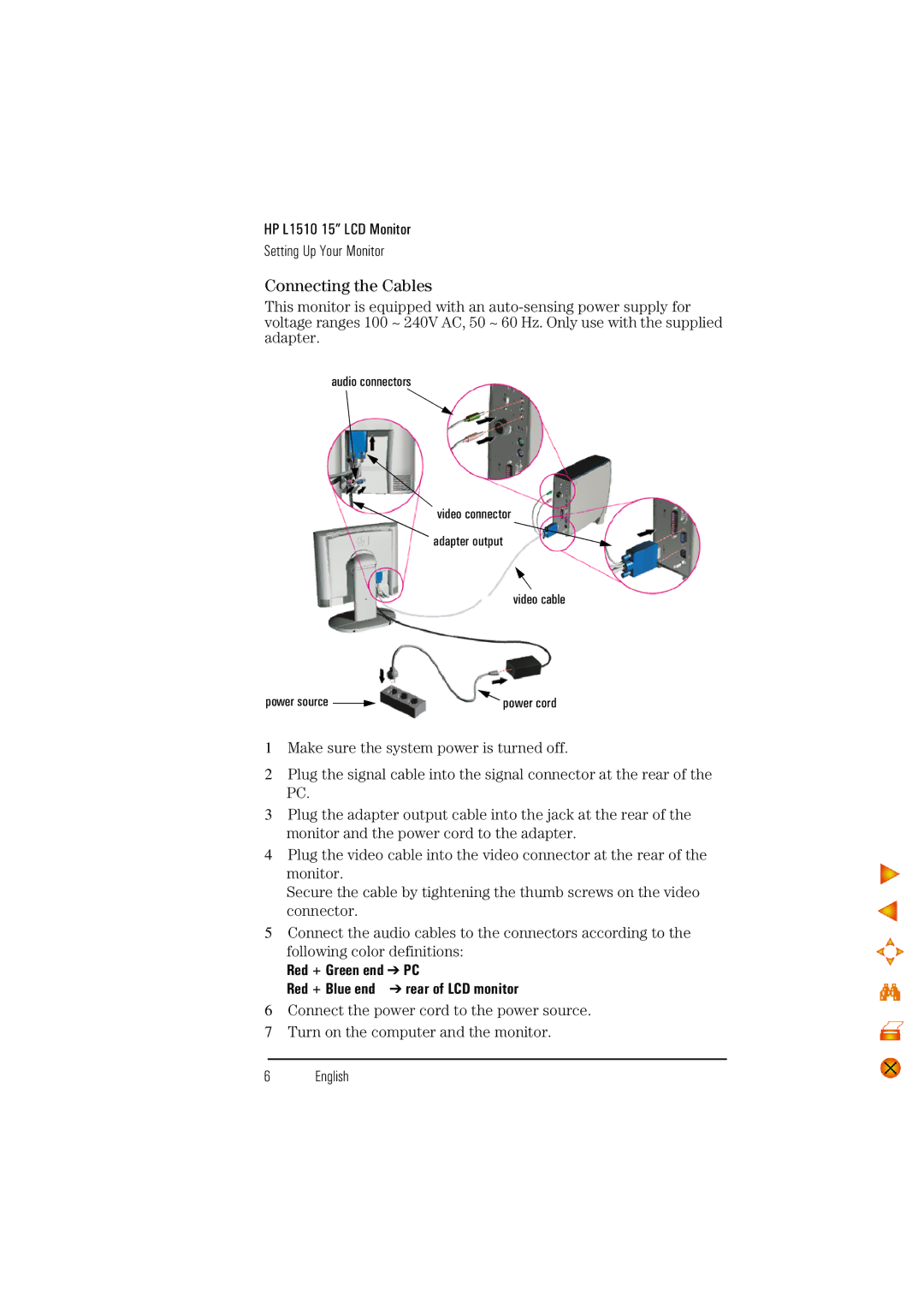 HP D5062 manual Connecting the Cables, Red + Green end PC Red + Blue end rear of LCD monitor 