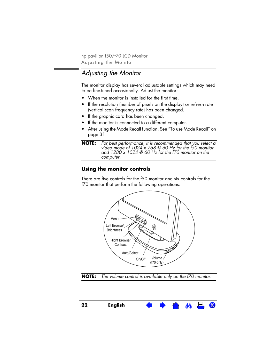 HP D5063, D5064 manual Adjusting the Monitor, Using the monitor controls 