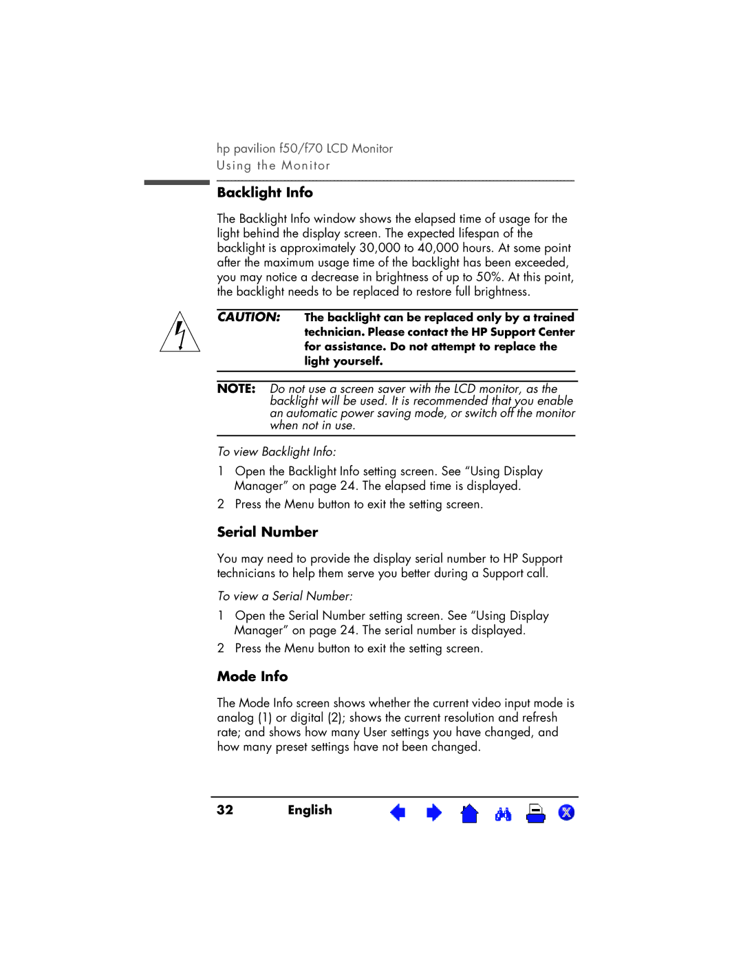 HP D5063, D5064 manual Mode Info, To view Backlight Info, To view a Serial Number 