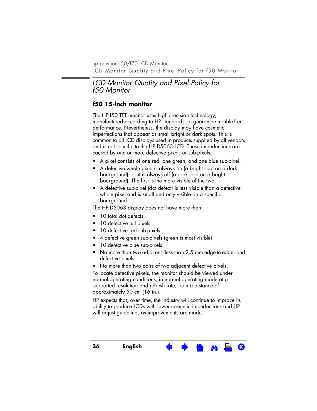 HP D5063, D5064 manual LCD Monitor Quality and Pixel Policy for f50 Monitor, F50 15-inch monitor 