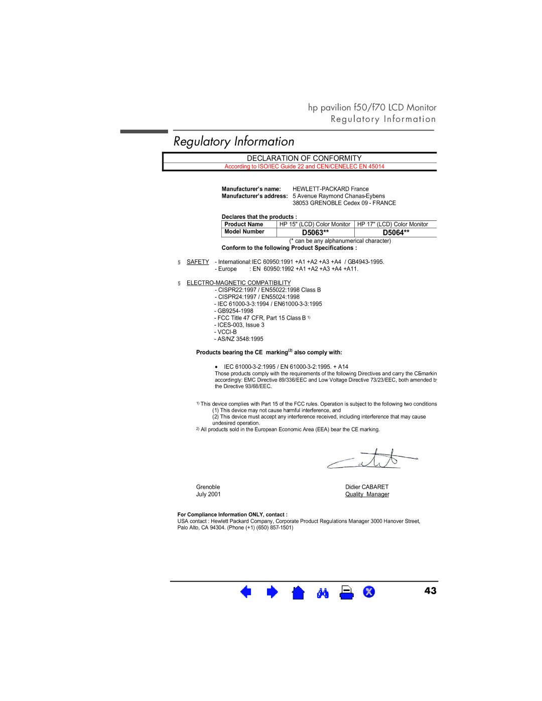 HP D5064, D5063 manual Regulatory Information, Declaration of Conformity 