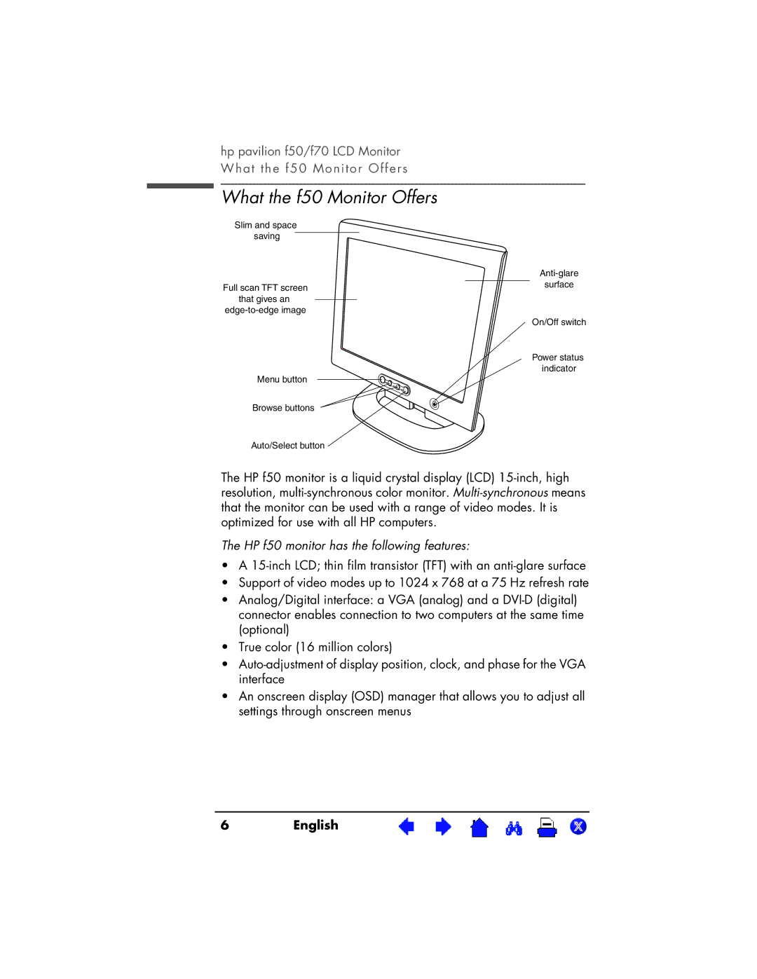 HP D5063, D5064 manual What the f50 Monitor Offers, HP f50 monitor has the following features 