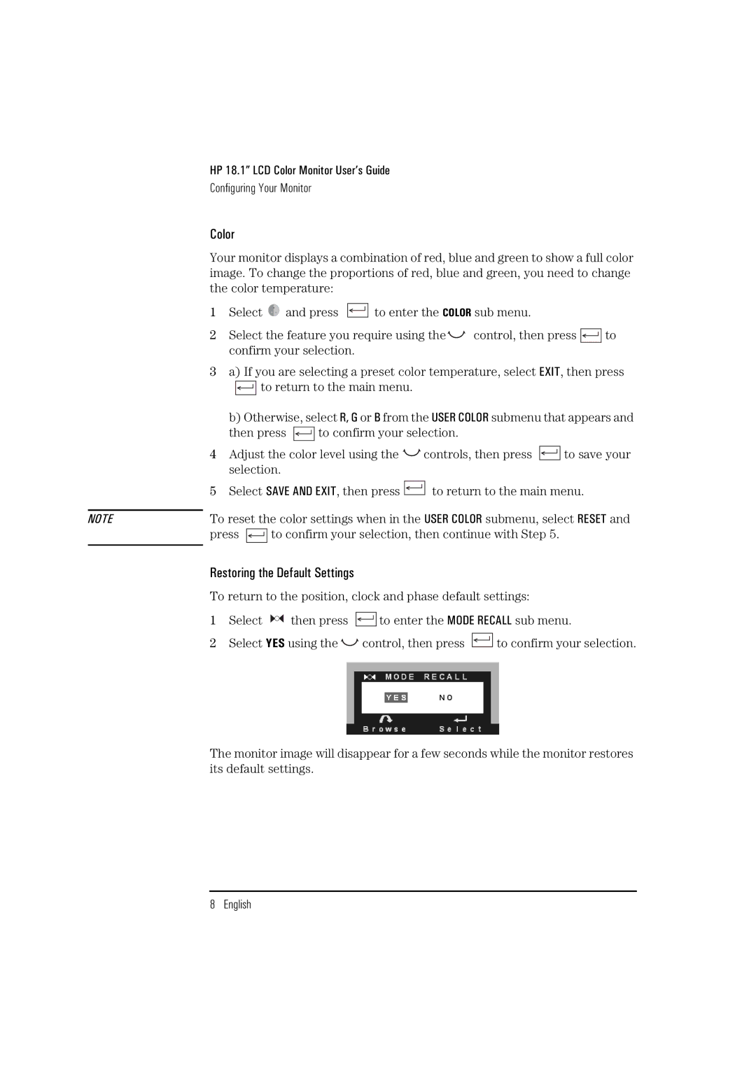 HP D5065 manual Color, Restoring the Default Settings, Press To confirm your selection, then continue with Step 