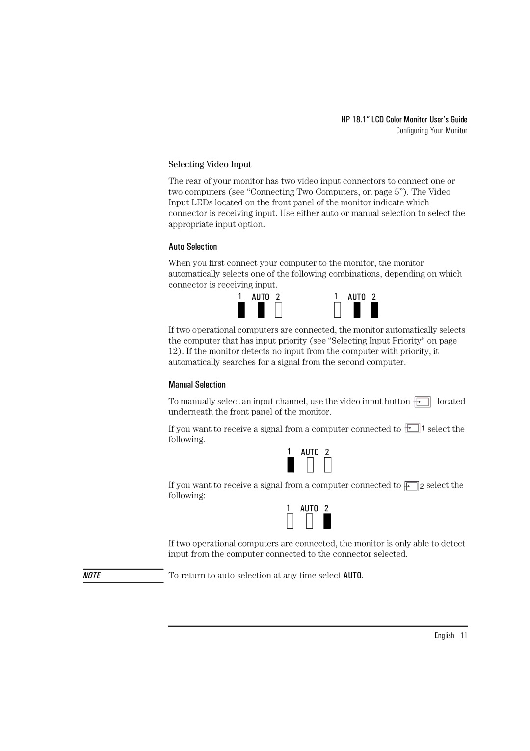 HP D5065 manual Auto Selection, Manual Selection, Located, Underneath the front panel of the monitor, Following 