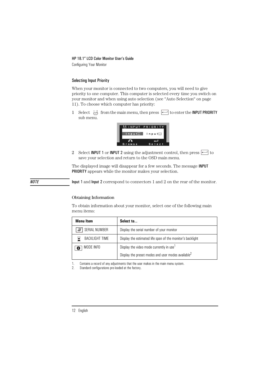 HP D5065 manual Selecting Input Priority, Menu Item Select to, Display the serial number of your monitor 