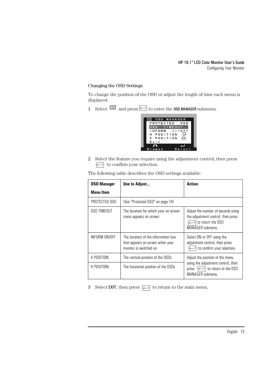 HP D5065 manual Use to Adjust Action Menu Item, Menu appears on screen, To return the OSD, Manager submenu 