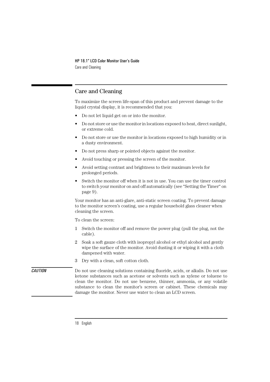 HP D5065 manual HP 18.1 LCD Color Monitor User’s Guide Care and Cleaning 