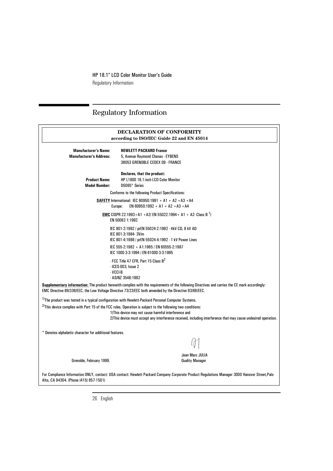 HP D5065 manual Regulatory Information, Declaration of Conformity 