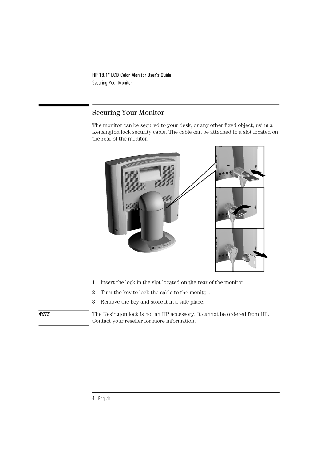 HP D5065 manual HP 18.1 LCD Color Monitor User’s Guide Securing Your Monitor 