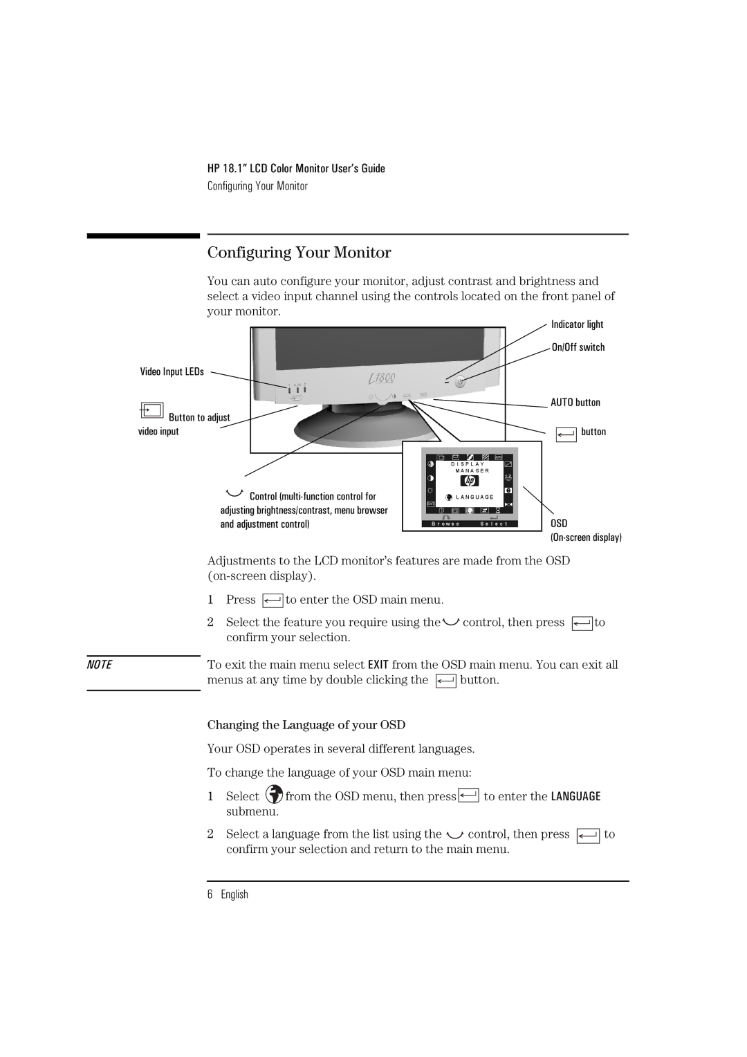 HP D5065 manual Configuring Your Monitor, Button 