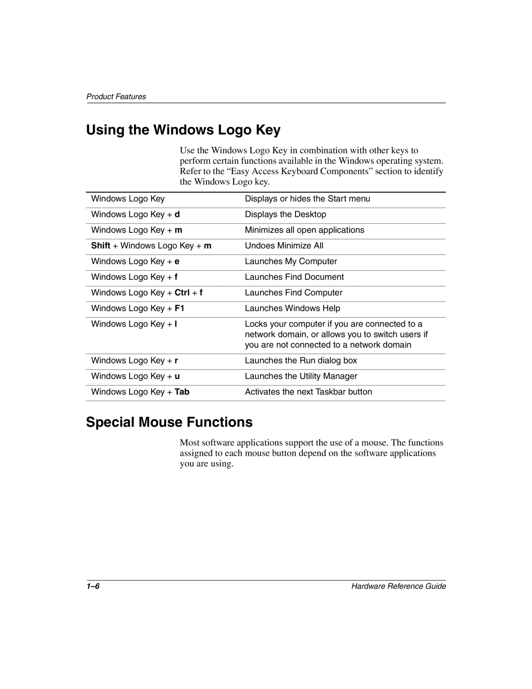 HP D510 manual Using the Windows Logo Key, Special Mouse Functions 