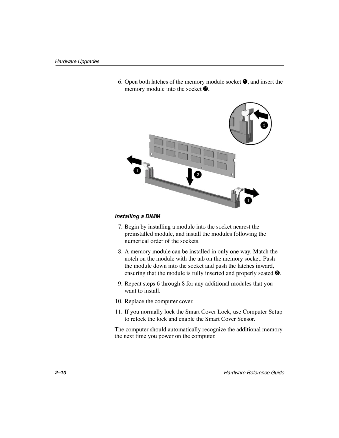 HP D510 manual Installing a Dimm 