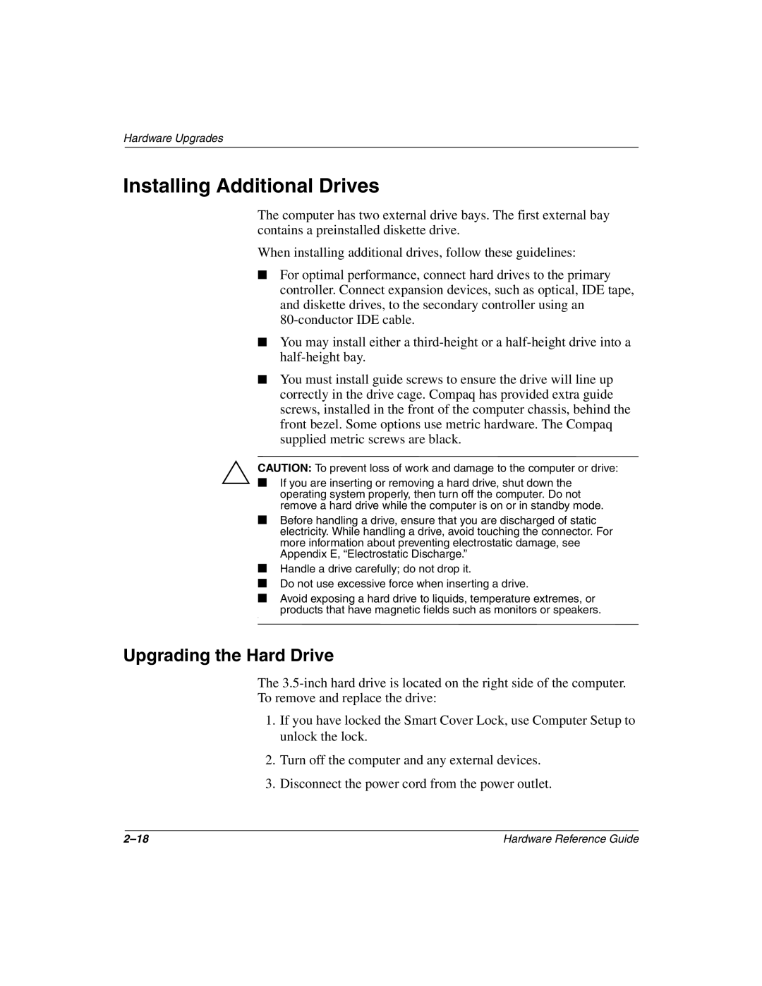 HP D510 manual Installing Additional Drives, Upgrading the Hard Drive 