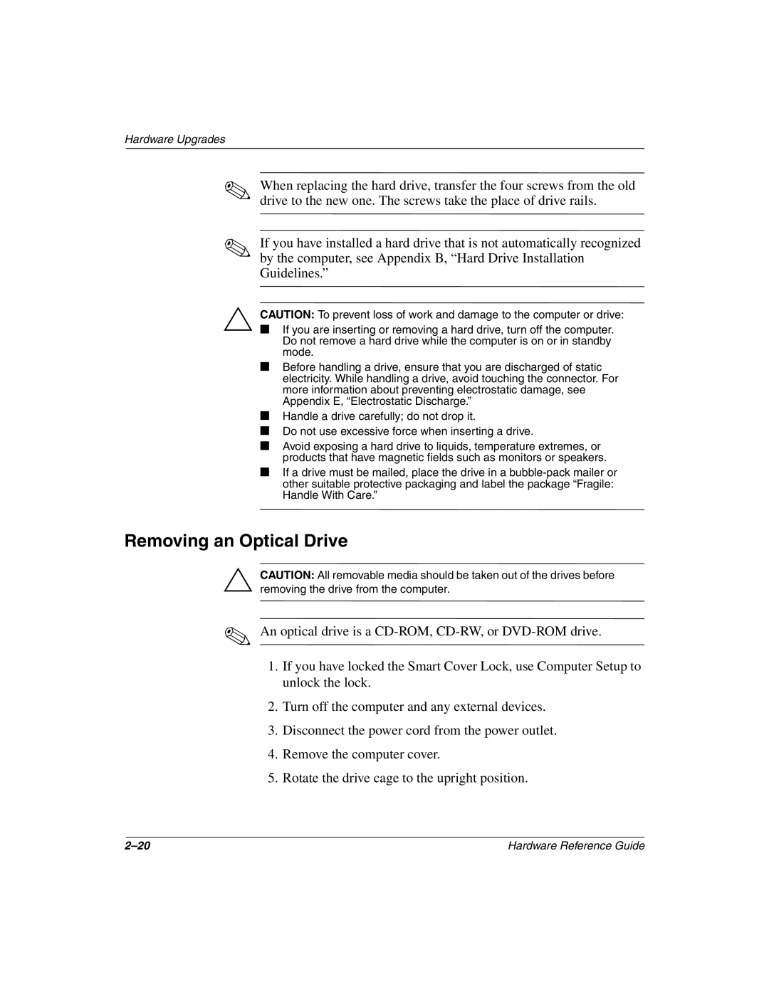 HP D510 manual Removing an Optical Drive 