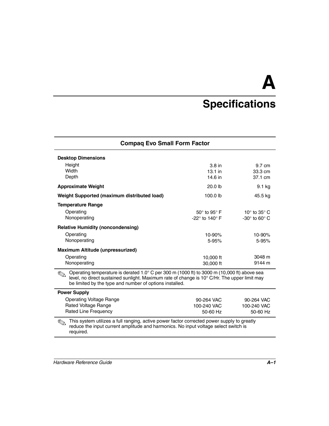 HP D510 manual Specifications, Compaq Evo Small Form Factor 