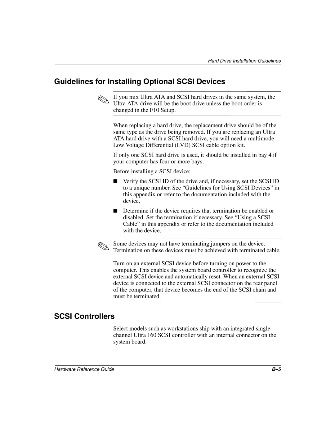 HP D510 manual Guidelines for Installing Optional Scsi Devices, Scsi Controllers 