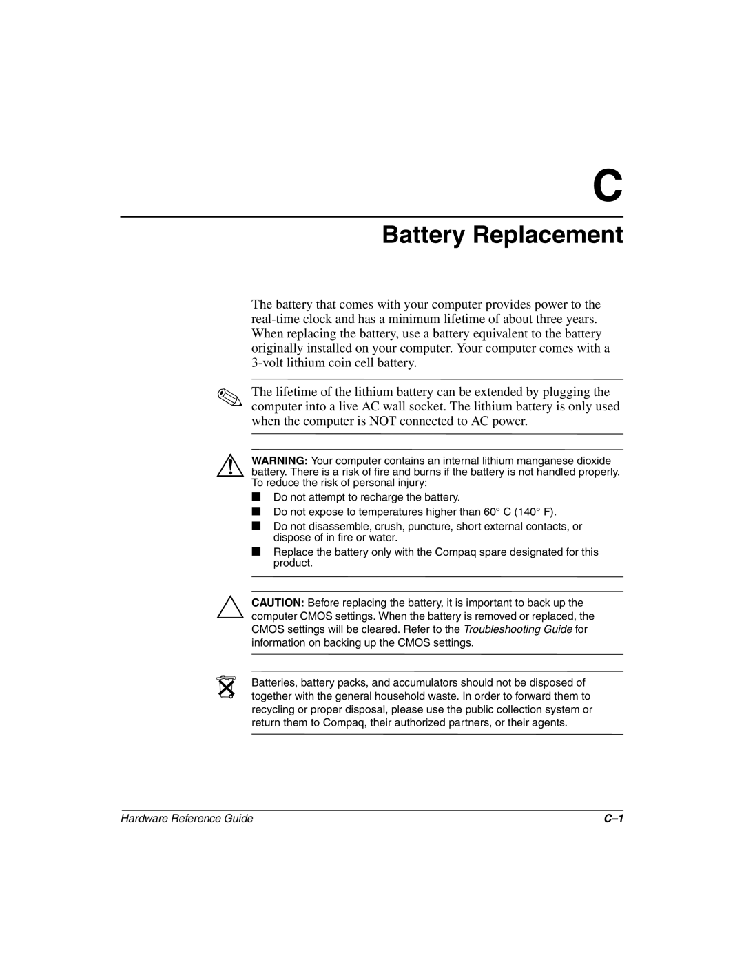 HP D510 manual Battery Replacement 