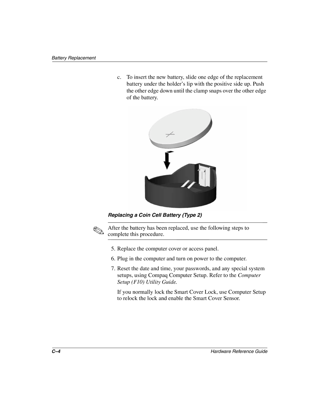 HP D510 manual Replacing a Coin Cell Battery Type 