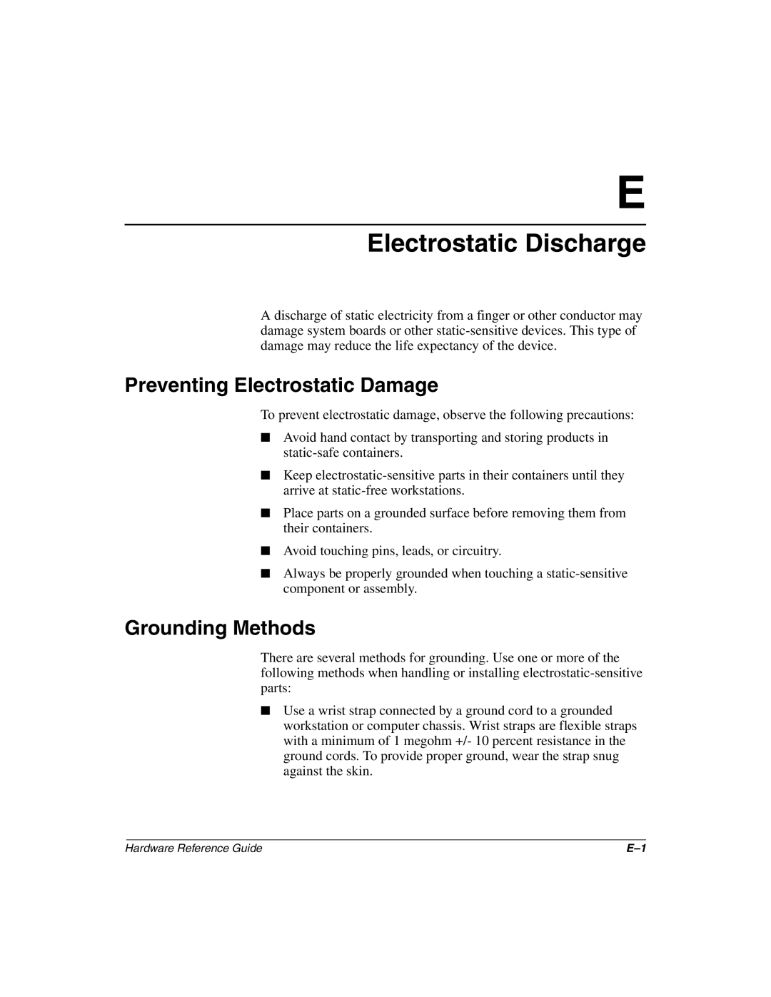 HP D510 manual Electrostatic Discharge, Preventing Electrostatic Damage, Grounding Methods 