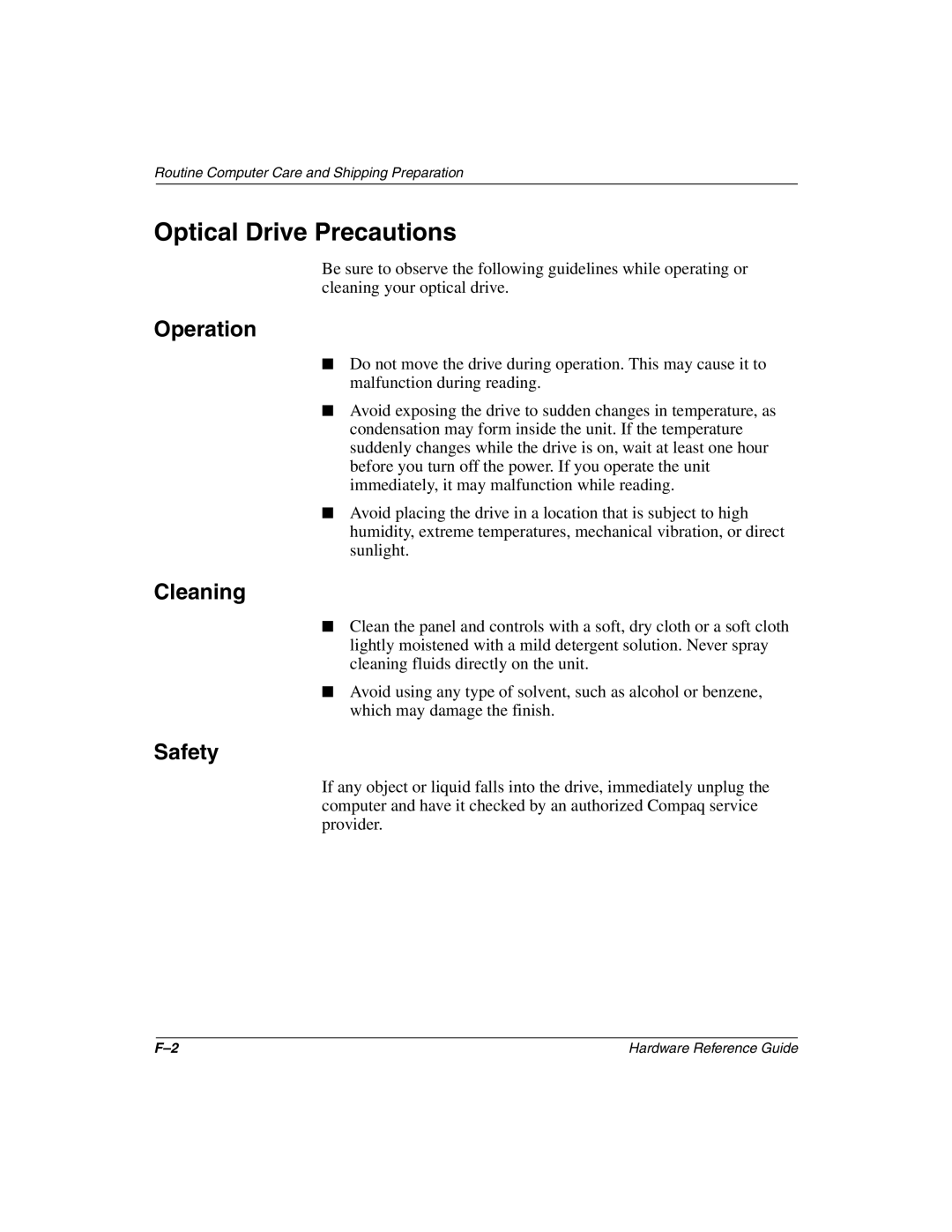 HP D510 manual Optical Drive Precautions, Operation, Cleaning, Safety 