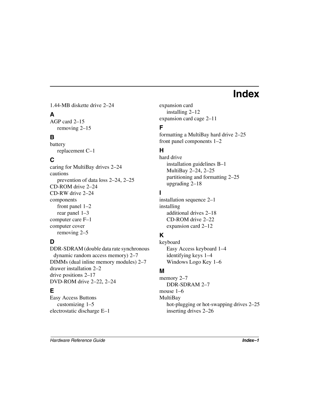 HP D510 manual Index 