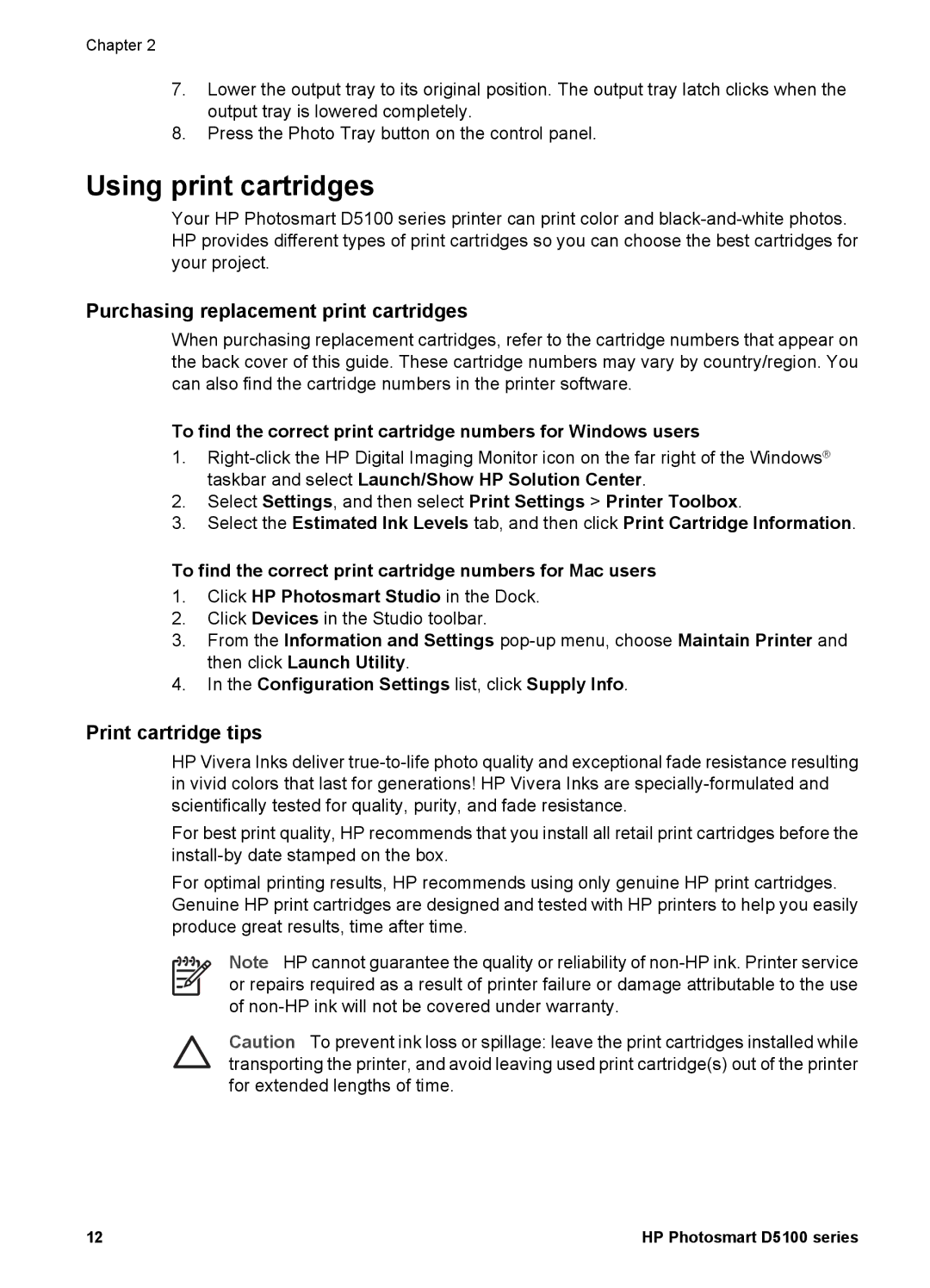 HP D5100 manual Using print cartridges, Purchasing replacement print cartridges, Print cartridge tips 