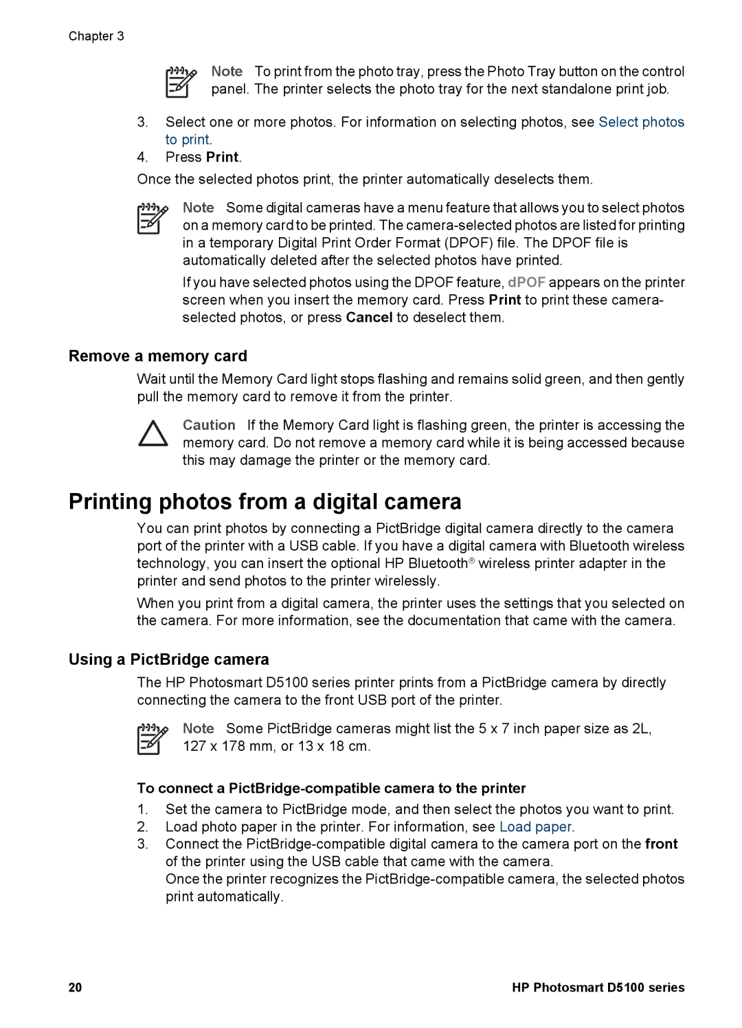 HP D5100 manual Printing photos from a digital camera, Remove a memory card, Using a PictBridge camera 