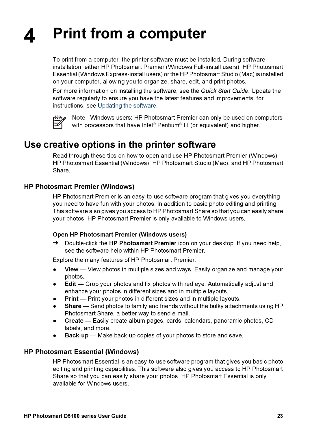 HP D5100 manual Print from a computer, Use creative options in the printer software, HP Photosmart Premier Windows 