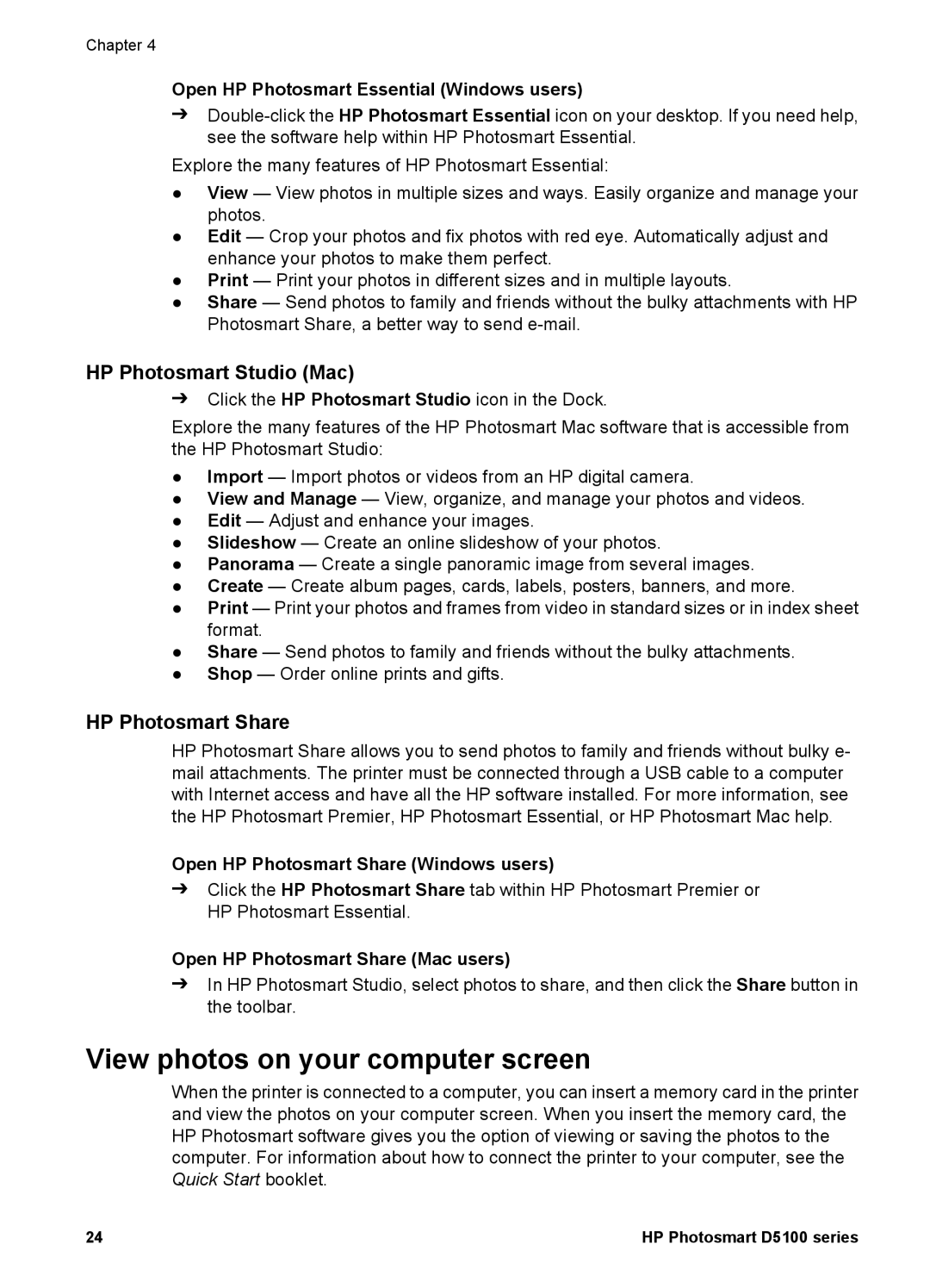 HP D5100 manual View photos on your computer screen, HP Photosmart Studio Mac, HP Photosmart Share 