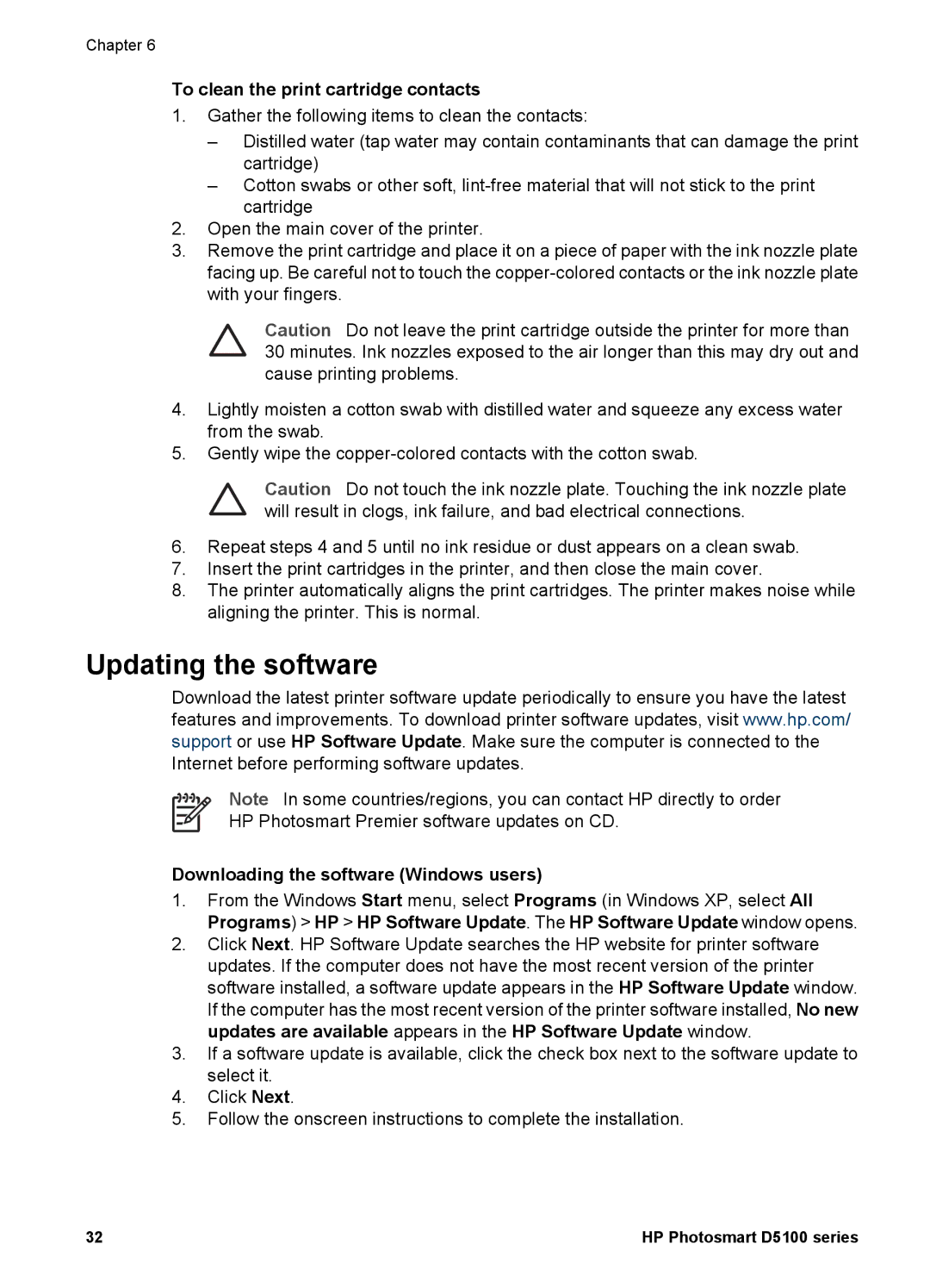 HP D5100 manual Updating the software, To clean the print cartridge contacts, Downloading the software Windows users 