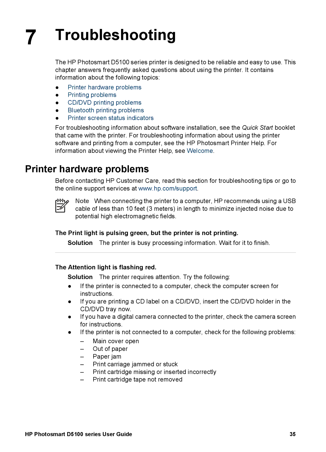 HP D5100 manual Troubleshooting, Printer hardware problems 