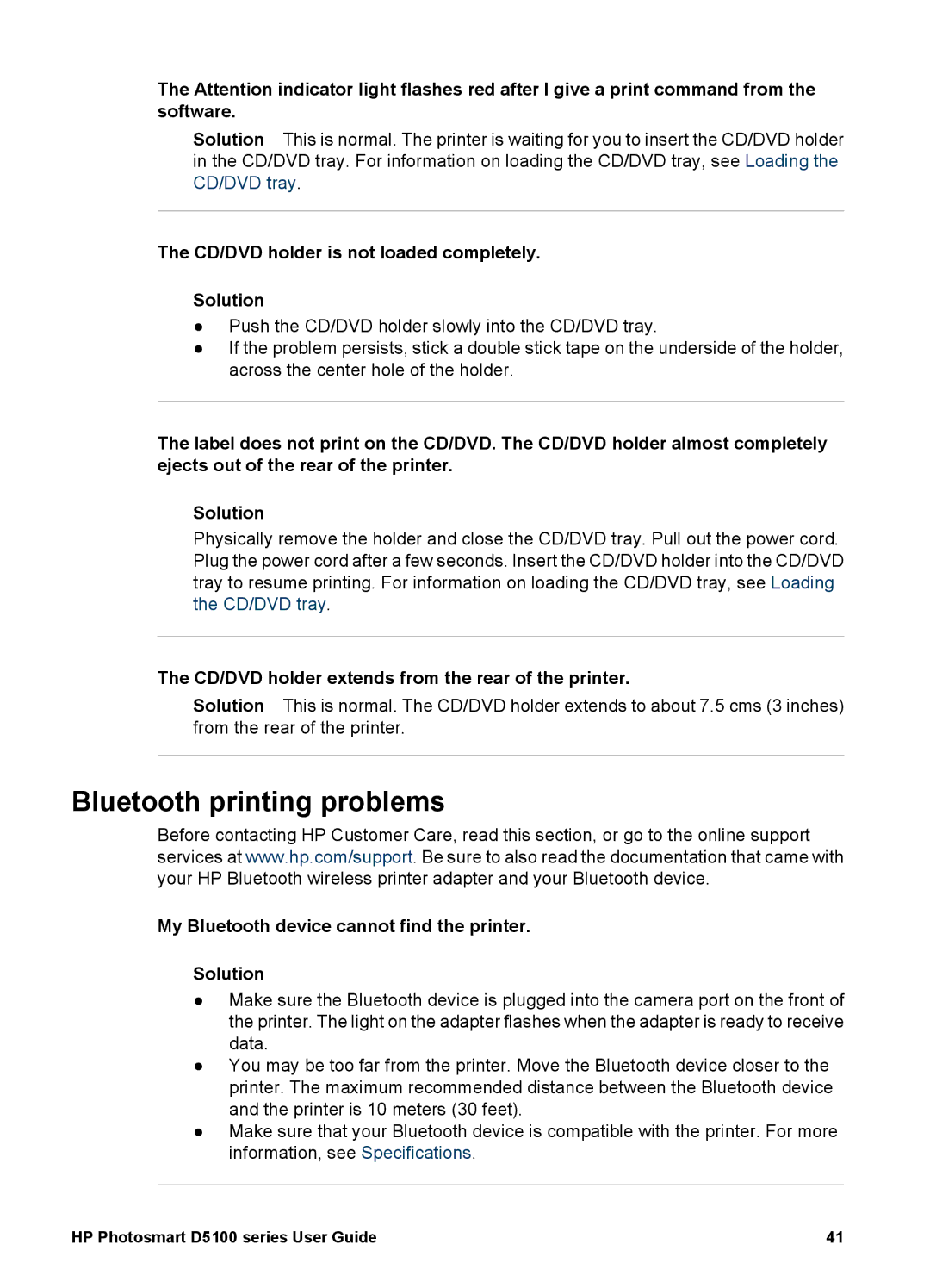 HP D5100 manual Bluetooth printing problems, CD/DVD holder is not loaded completely Solution 