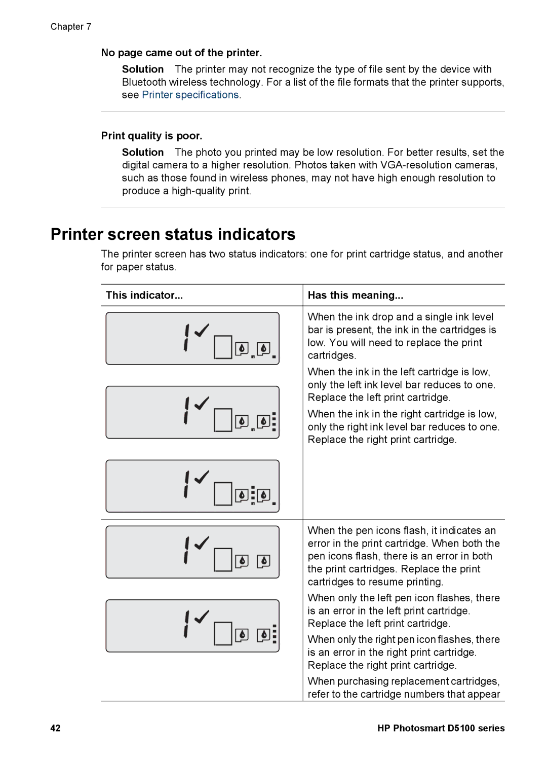 HP D5100 manual Printer screen status indicators, No page came out of the printer, Print quality is poor 