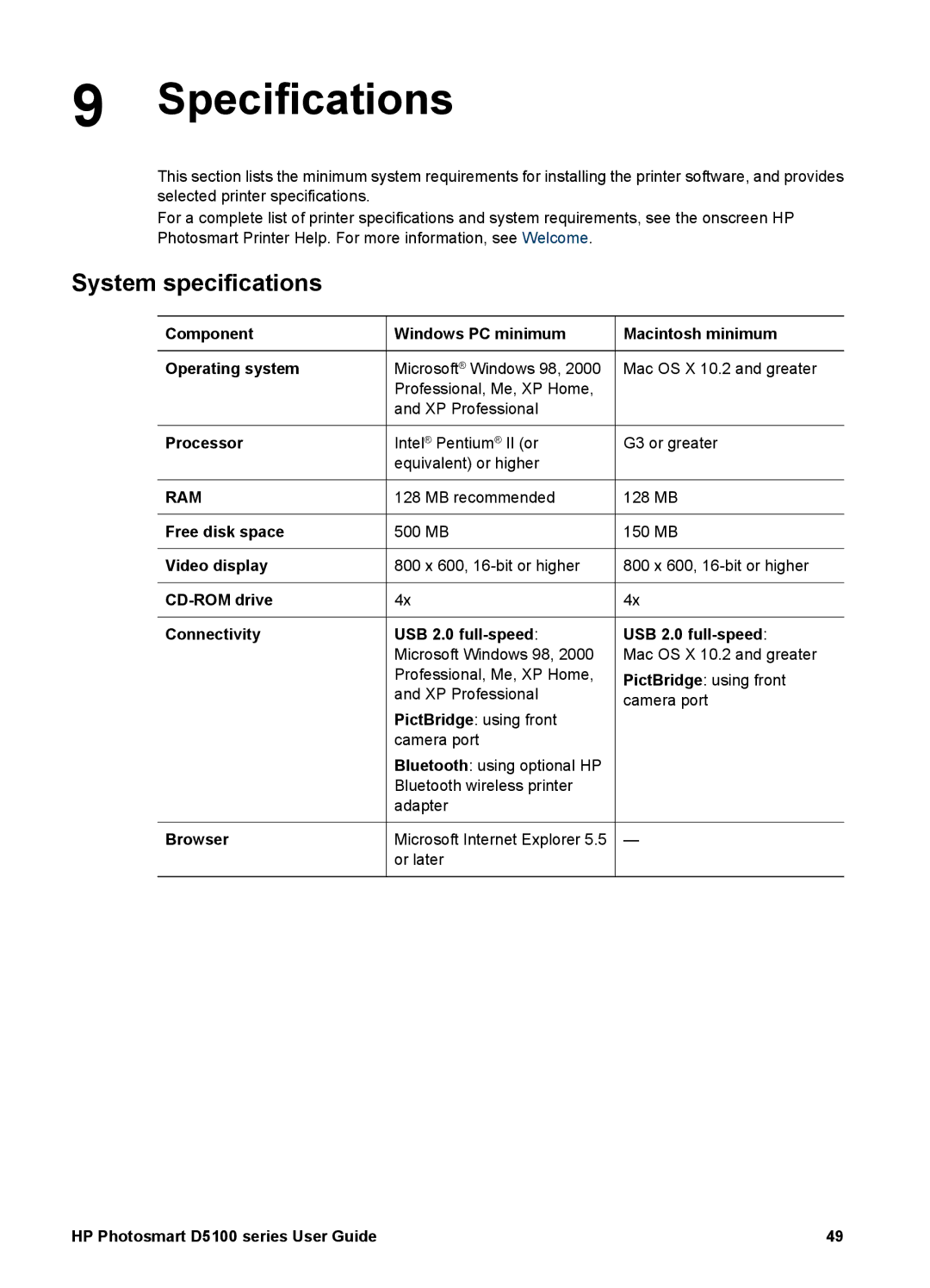 HP D5100 manual Specifications, System specifications 