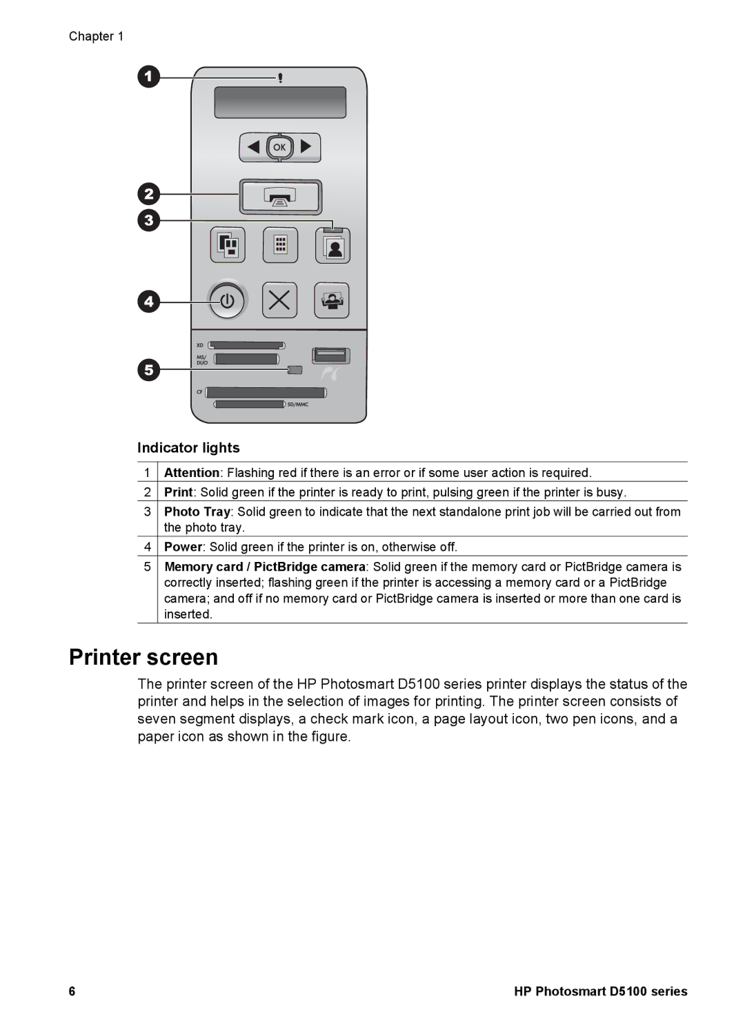 HP D5100 manual Printer screen, Indicator lights 