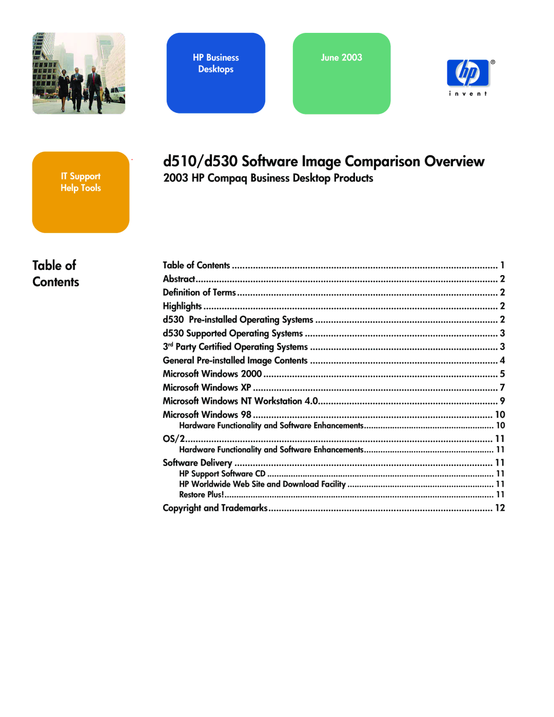 HP d510/d530 manual D510/d530 Software Image Comparison Overview, Contents 