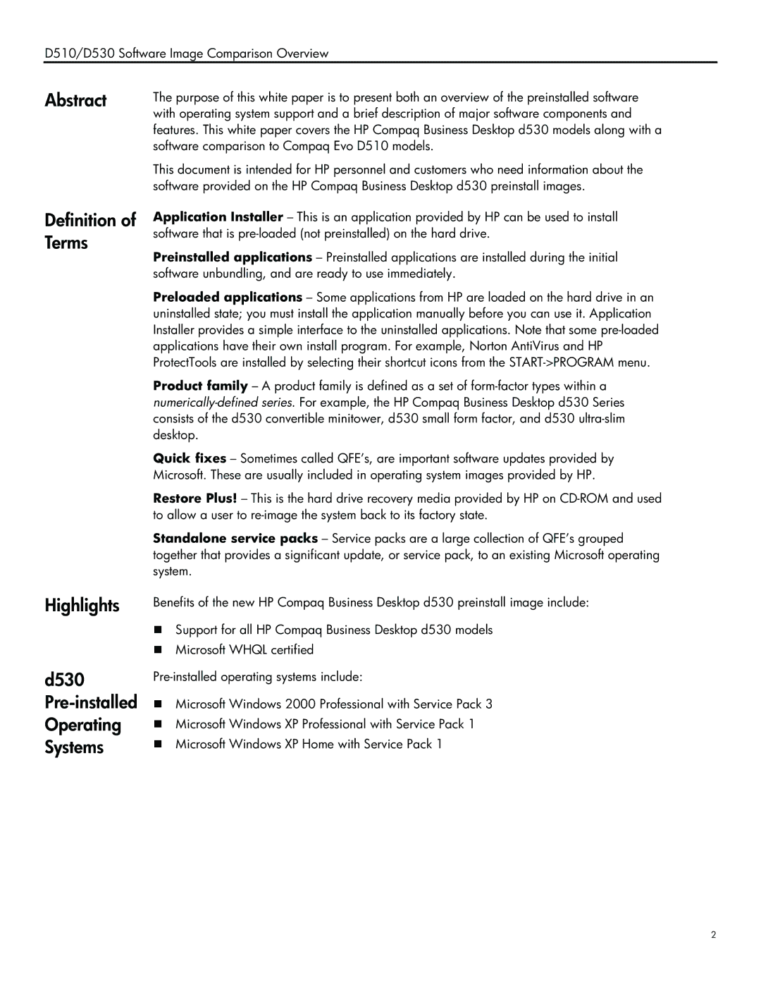 HP d510/d530 manual Abstract Definition of Terms Highlights, D530 Pre-installed Operating Systems 