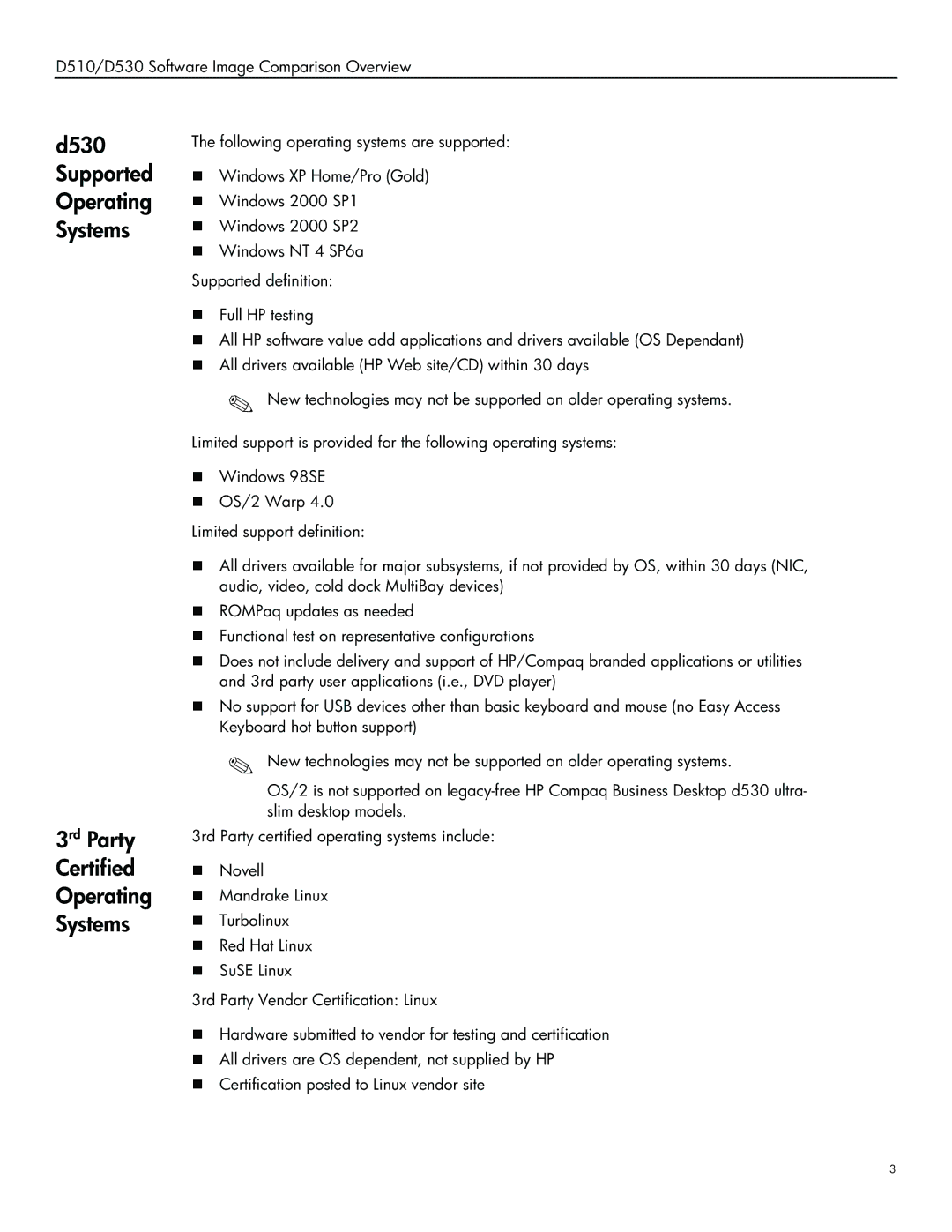 HP d510/d530 manual 3rd Party Certified Operating Systems, D530 Supported Operating Systems 